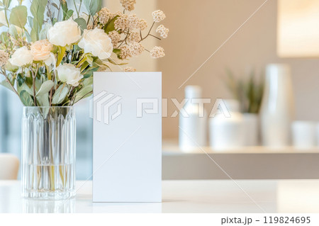 A blank table tent for text or logo on a countertop in a minimalistic setting 119824695