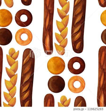 Breads - buns, baguettes, loaves, croissants, pretzels, rye and wheat watercolor seamless pattern. For prints on textile and paper, plates and dishes, for kitchen, restaurant menus, recipes, cookbook Breads - buns, baguettes, loaves, croissants, pretzels, rye and wheat watercolor seamless pattern. For prints on textile and paper, plates and dishes, for kitchen, restaurant menus, recipes, cookbook 119825283