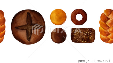 Breads - buns, baguettes, loaves, croissants, pretzels, rye and wheat watercolor seamless pattern border. For prints on textile and paper, plates for kitchen, restaurant menus, recipes, cookbook. Breads - buns, baguettes, loaves, croissants, pretzels, rye and wheat watercolor seamless pattern border. For prints on textile and paper, plates for kitchen, restaurant menus, recipes, cookbook. 119825291