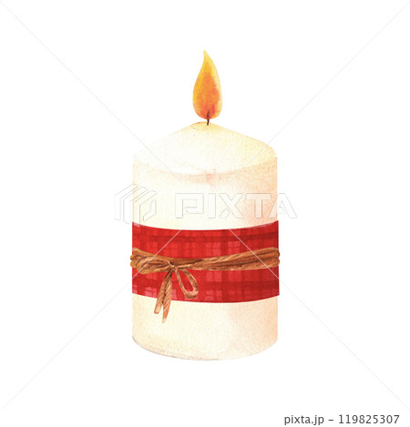 Wax or paraffin white candle with a red ribbon and a jute rope bow. Watercolor illustration for festive occasion or spa theme. Hand drawn clipart for postcard, printing , candlemakers. 119825307