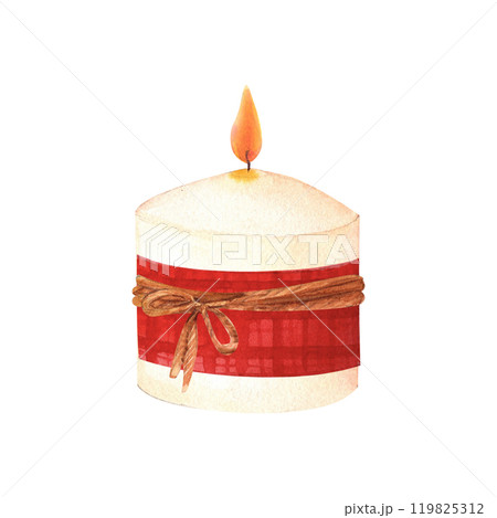 Wax or paraffin white candle with a red ribbon and a jute rope bow. Watercolor illustration for festive occasion or spa theme. Hand drawn clipart for postcard, printing , candlemakers. 119825312