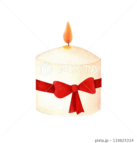 Wax or paraffin white candle. Watercolor illustration for festive occasion or spa theme. Hand drawn clipart for postcard, printing , candlemakers. 119825314