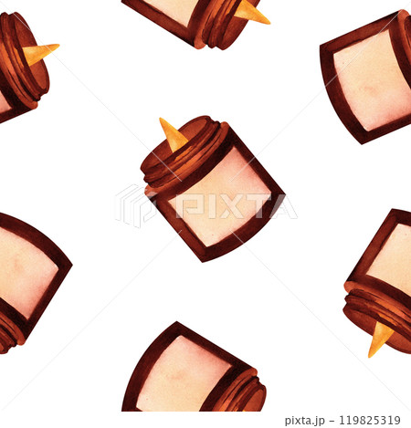 Wax or paraffin candle in brown glass. Watercolor illustration for festive occasion or spa theme. Hand drawn clipart for postcard, printing , candlemakers. Wax or paraffin candle in brown glass. Watercolor illustration for festive occasion or spa theme. Hand drawn clipart for postcard, printing , candlemakers. 119825319