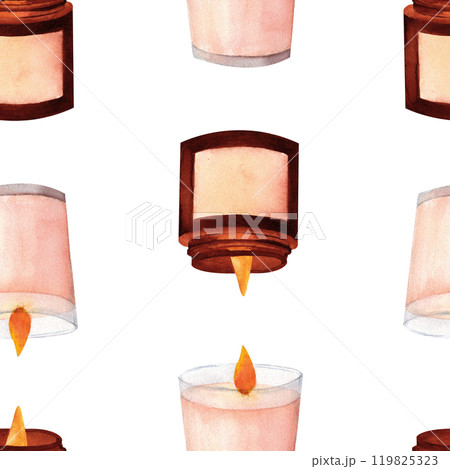 Wax or paraffin candle in brown glass. Watercolor illustration for festive occasion or spa theme. Hand drawn clipart for postcard, printing , candlemakers. Wax or paraffin candle in brown glass. Watercolor illustration for festive occasion or spa theme. Hand drawn clipart for postcard, printing , candlemakers. 119825323