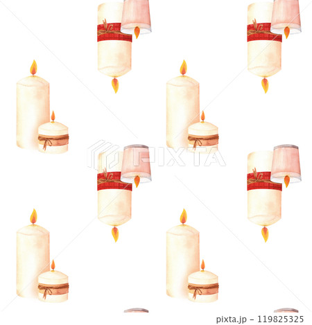 Wax or paraffin white candle seamless pattern. Watercolor illustration for festive occasion or spa theme. Hand drawn clipart for postcard, printing , candlemakers. 119825325