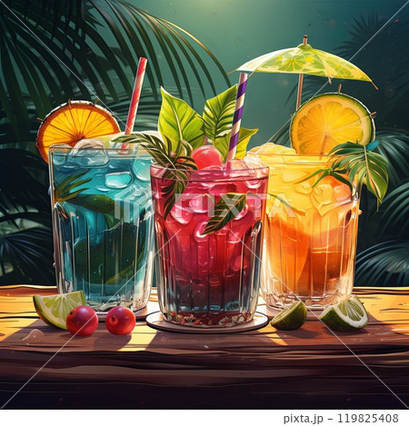 Illustration of vibrant cocktails with fresh fruit and ice, perfect for a lively summer party. Illustration of vibrant cocktails with fresh fruit and ice, perfect for a lively summer party. 119825408