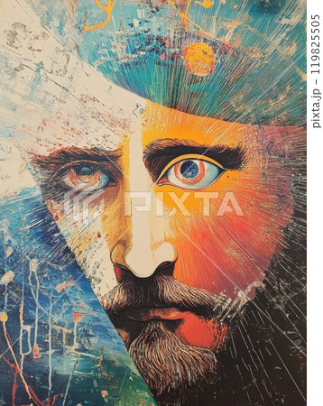 Face split into bright and dark halves, with piercing eyes and radiating light, blending elements of chaos and cosmic calm. 119825505