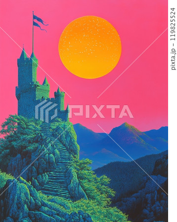 Towering castle with winding staircase leading up to it against vibrant pink sky and massive, glowing sun. Contemporary artwork. Vibrant color. 119825524
