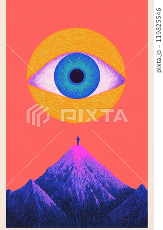 Giant, floating eye watches over lone figure on mountain peak, against vibrant red-orange background, symbolizing omnipresence and awe. 119825546