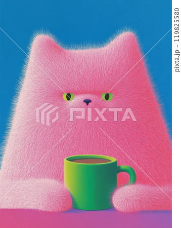 Cute soft pink cat having cup of coffee in cafe. Contemporary artwork. Trendy and vibrant colors. 119825580