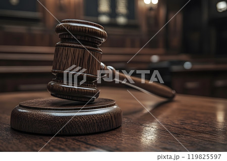 Close-up of a wooden gavel on a courtroom table. Generative AI. 119825597