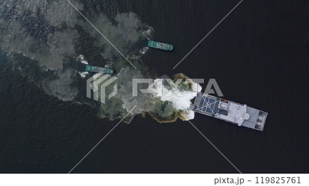 Aerial view landing craft, Aerial view landing ship navy military ship in the open sea, Amphibious ship transport. Aerial view landing craft, Aerial view landing ship navy military ship in the open sea, Amphibious ship transport. 119825761