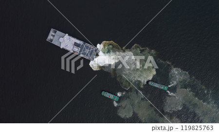 Aerial view landing craft, Aerial view landing ship navy military ship in the open sea, Amphibious ship transport. 119825763