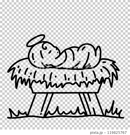 Baby Jesus on a manger Nativity Scene Hand drawn Christmas Winter christianity religion graphic vector illustration isolated on white background color editable Baby Jesus on a manger Nativity Scene Hand drawn Christmas Winter christianity religion graphic vector illustration isolated on white background color editable 119825767