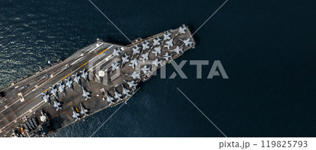 Aerial view military nuclear ship navy ship carrier full loading fighter jet aircraft, Aircraft carrier nuclear warship battleship, Military nuclear ship on the ocean. Aerial view military nuclear ship navy ship carrier full loading fighter jet aircraft, Aircraft carrier nuclear warship battleship, Military nuclear ship on the ocean. 119825793