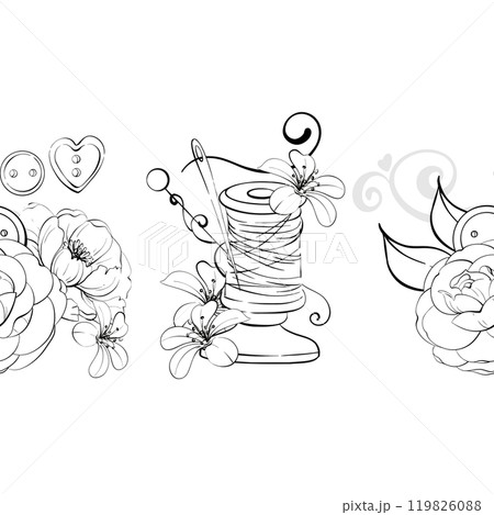 Vintage spool of thread with flower and buttons, pins. Sewing tools seamless background. Pattern for printing, fabric, decor. Graphic vector line, hand drawn, black silhouette Vintage spool of thread with flower and buttons, pins. Sewing tools seamless background. Pattern for printing, fabric, decor. Graphic vector line, hand drawn, black silhouette 119826088