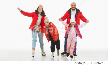 Winter vacation fun. Happy family, parent and children dressed in matching bright winter outfits, ice skating together, laughing 119826249