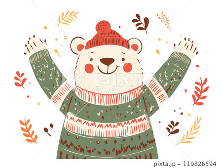 Hand-Drawn Polar Bear in Winter Attire 119826594