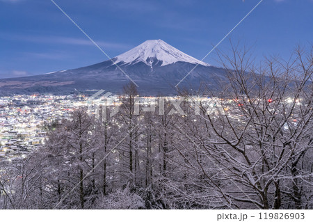 《山梨県》富士山と積雪の新倉山浅間公園・日本の雪景色 119826903