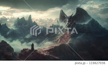 翼のある悪魔と聖者が山の頂で向き合う 119827036