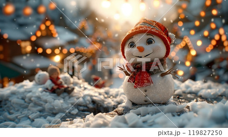 Joyful Snowman Celebrating Winter Festivities in a Snowy Village Under Glowing Lights 119827250