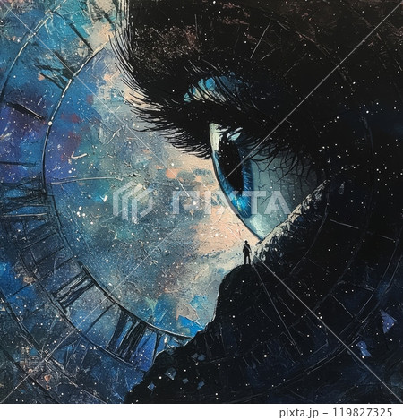 A Surreal cosmic scene with eye clock and man on mountain peak 119827325