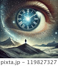 A Surreal cosmic scene with eye clock and man on mountain peak 119827327