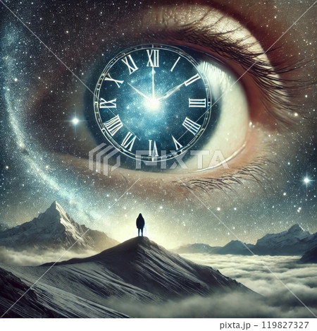 A Surreal cosmic scene with eye clock and man on mountain peak 119827327