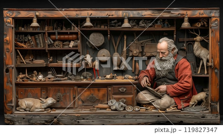 A Skilled Artisan at Work in a Vintage Workshop Surrounded by Tools and Crafted Items A Skilled Artisan at Work in a Vintage Workshop Surrounded by Tools and Crafted Items 119827347