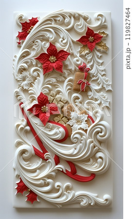 Intricate Holiday-Themed Decorative Relief Featuring Flowers, Gifts, and Swirling Designs 119827464