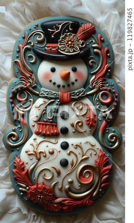 Decorative Snowman Cookie With Intricate Icing Designs for Winter Celebrations 119827465