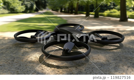 A Sleek Drone Rests on a Stone Surface in a Sunlit Park With Lush Green Trees and Pathways 119827516
