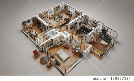 Modern Three-Bedroom Apartment Layout With Open Living Space and Stylish Decor Features 119827534