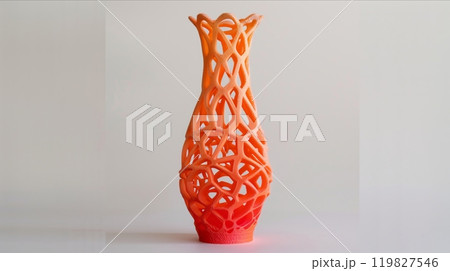 Artistic Orange and Red 3D Printed Vase With Intricate Design Displayed on a Neutral Background 119827546