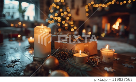 Warm Glow of Candles and Festive Decorations in a Cozy Living Room During the Holiday Season 119827565
