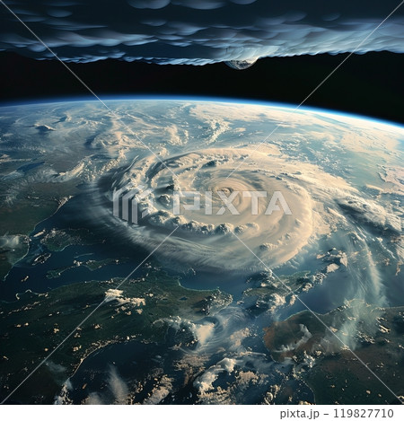 Aerial View of a Powerful Hurricane Forming Over the Ocean During Twilight Hours Aerial View of a Powerful Hurricane Forming Over the Ocean During Twilight Hours 119827710