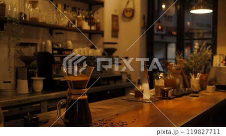 A Cozy Coffee Shop Ambiance With Brewing Equipment and Warm Lighting in the Evening 119827711