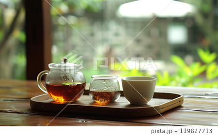 A Tranquil Tea Setup With Steaming Pots and Autumn Leaves in a Cozy, Mist-Filled Ambiance A Tranquil Tea Setup With Steaming Pots and Autumn Leaves in a Cozy, Mist-Filled Ambiance 119827713