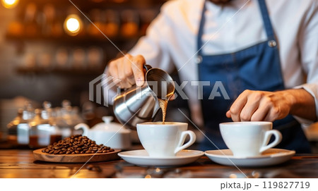 Barista Preparing Coffee in a Cozy Cafe During the Afternoon Rush Hour Barista Preparing Coffee in a Cozy Cafe During the Afternoon Rush Hour 119827719