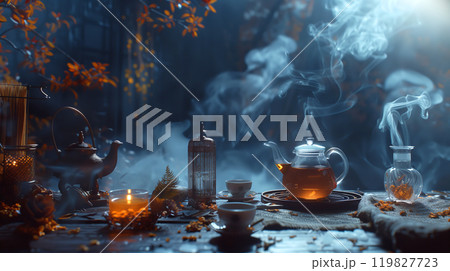 A Tranquil Tea Setup With Steaming Pots and Autumn Leaves in a Cozy, Mist-Filled Ambiance A Tranquil Tea Setup With Steaming Pots and Autumn Leaves in a Cozy, Mist-Filled Ambiance 119827723