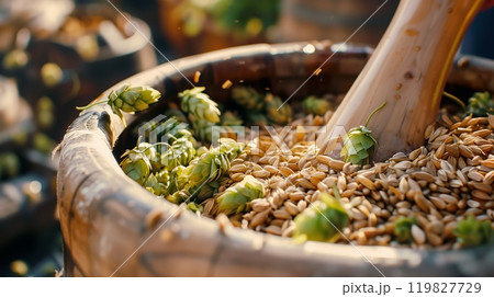 Freshly Harvested Hops and Grains Being Crushed Using a Wooden Pestle in a Rustic Setting 119827729