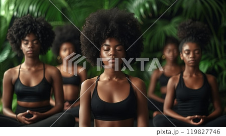 Group Meditation With Women in Activewear Amidst Lush Green Foliage in a Serene Indoor Setting 119827746