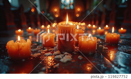 Tranquil Ambiance Created by Glowing Candles in a Serene Interior Setting During Evening Hours 119827752