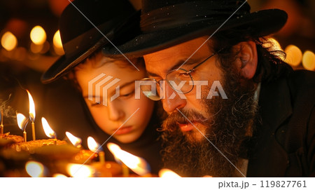 Menorah Lighting Ceremony With a Father and Child During Hanukkah Celebrations at Night 119827761