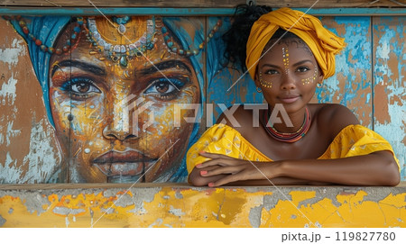 A Woman With Vibrant Face Paint Poses Beside a Colorful Mural in a Tropical Setting A Woman With Vibrant Face Paint Poses Beside a Colorful Mural in a Tropical Setting 119827780