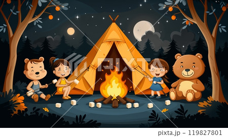 Children Enjoying a Campfire Night With a Tent and a Teddy Bear Under the Starry Sky 119827801