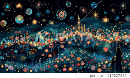 A Colorful Night Landscape With Blooming Flowers and Celestial Bodies in a Vibrant Setting 119827833