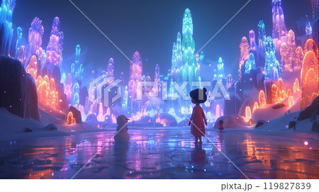A Child and a Snowman Explore a Magical Winter Landscape Illuminated by Colorful Lights A Child and a Snowman Explore a Magical Winter Landscape Illuminated by Colorful Lights 119827839