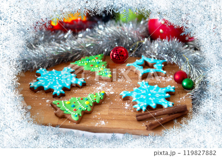 colored gingerbread cookies with baking forms 119827882