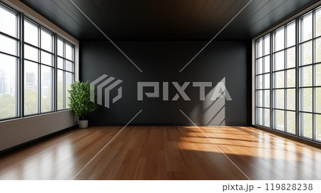 Empty Room with Large Windows and Wooden Floor 119828238